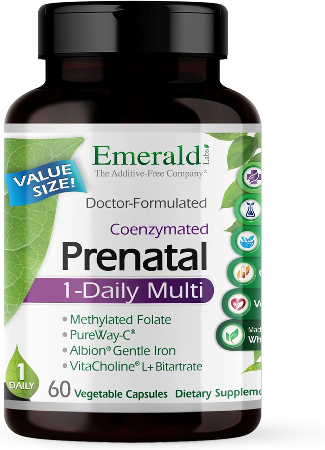 EMERALD LABS Prenatal 1-Daily Multi – Prenatal Multivitamin with Methylated Folate, Iron, Whole-Food Blend & More – 60 Vegetable Capsules - görsel 1