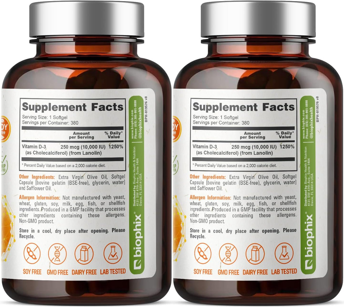 biophix Vitamin D-3 10000 IU - 380 Softgels (2 Pack) - High Potency with Extra Virgin Olive Oil, Non-GMO, Soya-Free - görsel 2