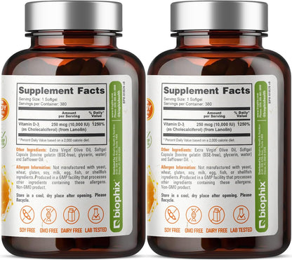 biophix Vitamin D-3 10000 IU - 380 Softgels (2 Pack) - High Potency with Extra Virgin Olive Oil, Non-GMO, Soya-Free