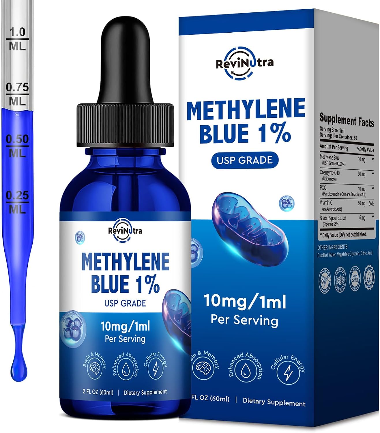 ReviNutra Methylene Blue Drops, USP Grade 1% with PQQ, CoQ10, Vitamin C & Piperine, 60 ml - görsel 1