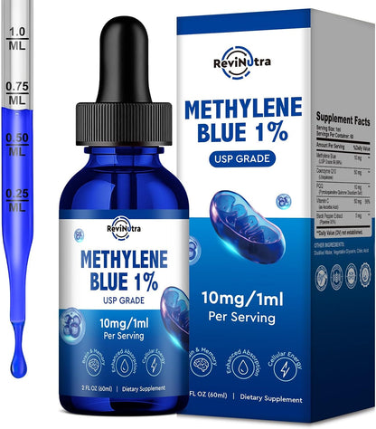 ReviNutra Methylene Blue Drops, USP Grade 1% with PQQ, CoQ10, Vitamin C & Piperine, 60 ml