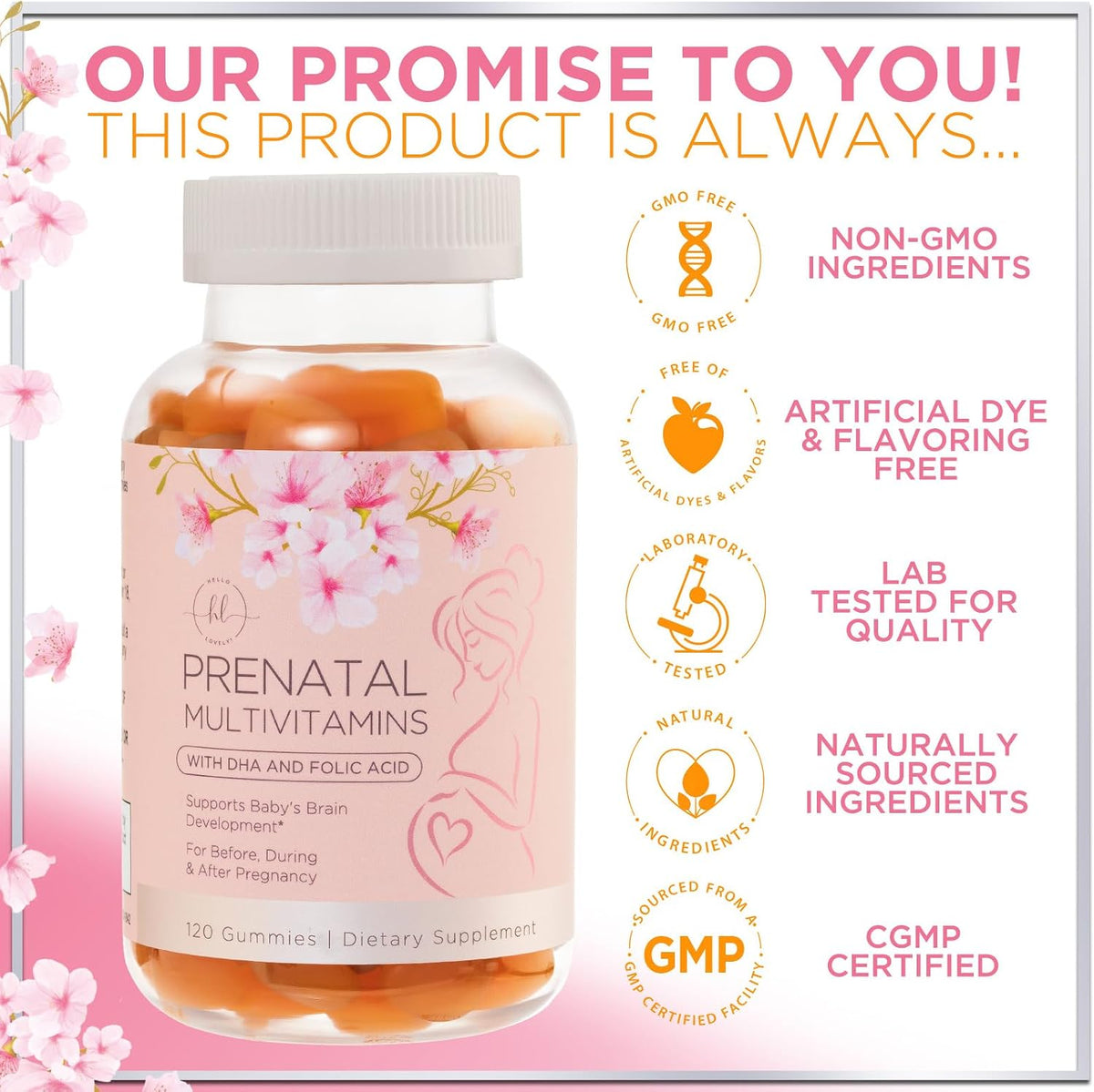 Hello Lovely Prenatal Vitamins Gummies – Complete Pregnancy Multivitamin with DHA, Folate & Choline – Orange Flavour – 120 Gummies - görsel 4
