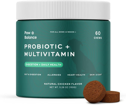 Paw Balance Dog Probiotics and Multivitamin Chews – Digestive Health, Immune Support, Seasonal Sensitivity Relief, 60 Soft Chews