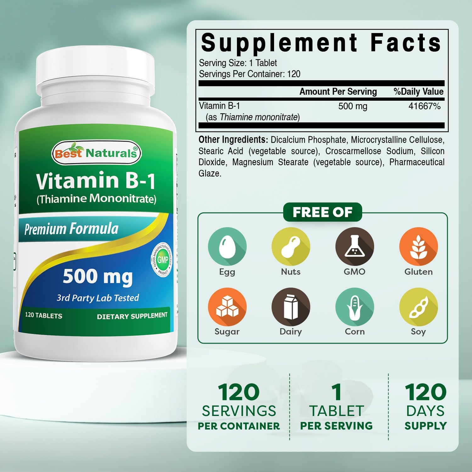 Best Naturals Vitamin B1 (Thiamine Mononitrate) 500 mg, 120 Tablets - görsel 2