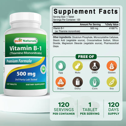 Best Naturals Vitamin B1 (Thiamine Mononitrate) 500 mg, 120 Tablets