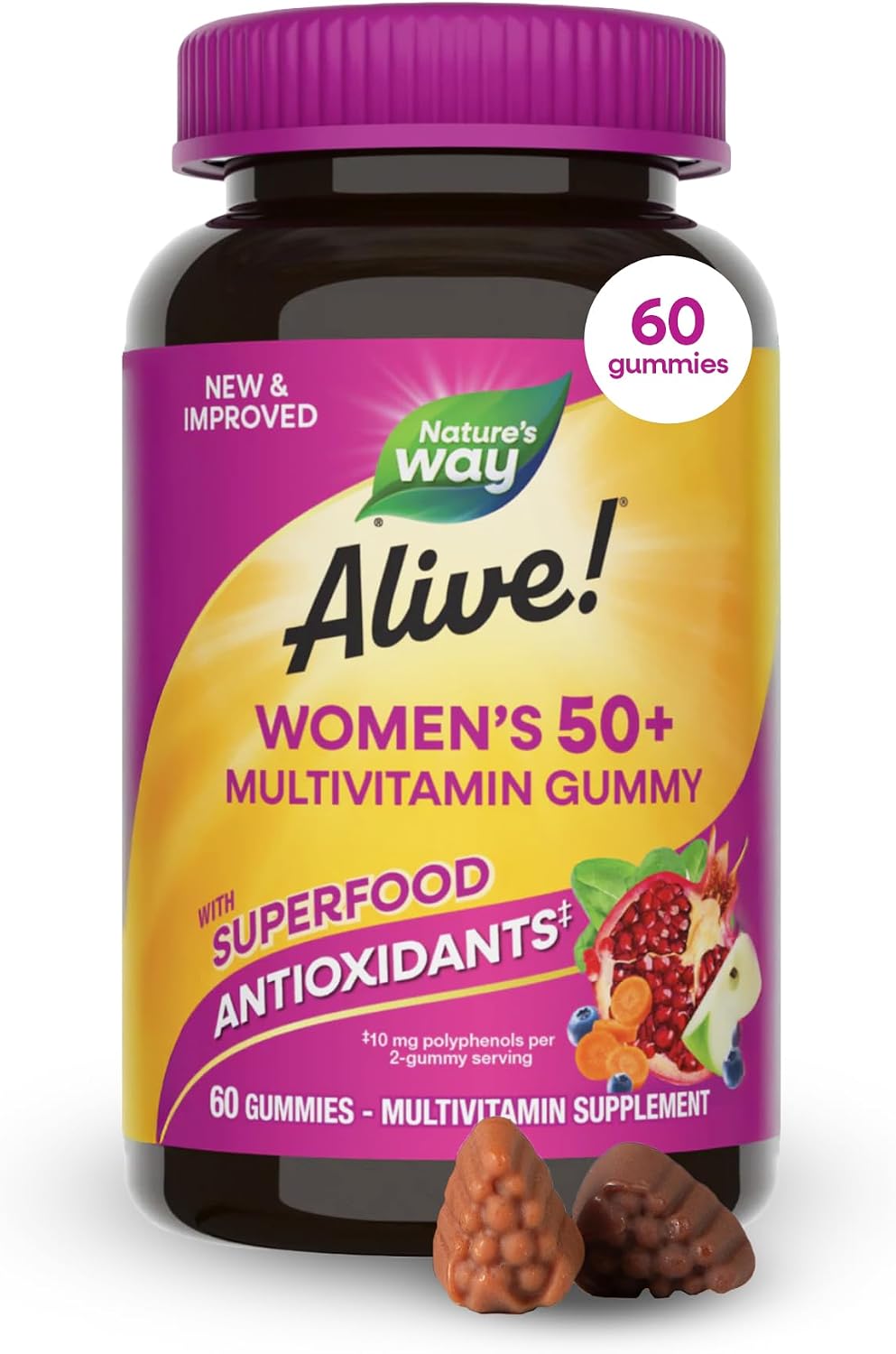 Nature's Way Alive! Women's 50 Plus Multivitamin Gummy, Daily Chewable Multivitamins with B-Vitamins, Vitamin D3, Calcium, Supports Heart, Brain & Bone Health, Mixed Berry Flavoured, 60 Gummies - görsel 1