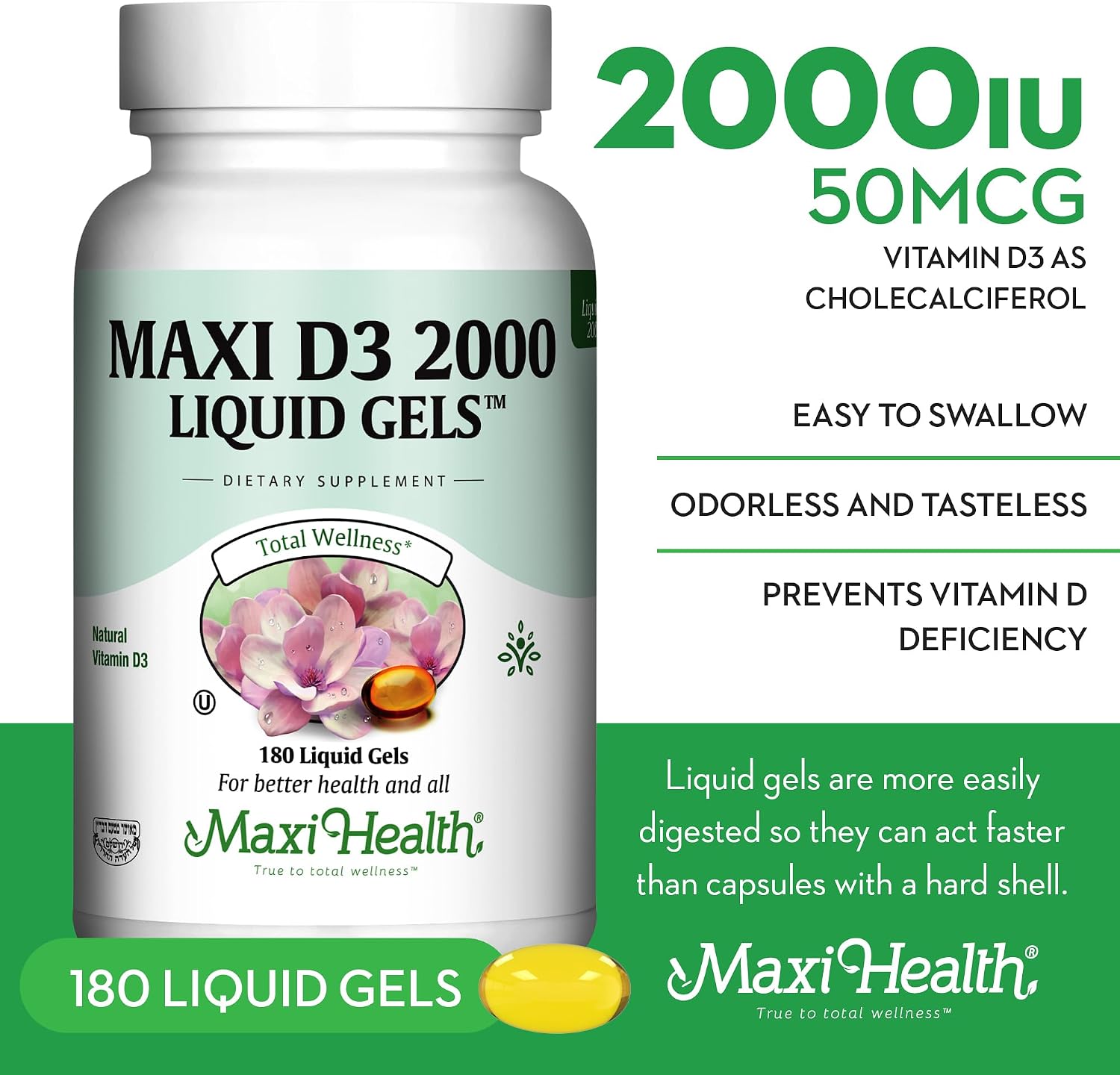 Maxi Health Vitamin D3 2000IU Tablets – Immune Support, Bone Health, and Muscle Function – Kosher Vitamin D Supplement for Adults – 180 Easy-to-Swallow Tablets - görsel 3