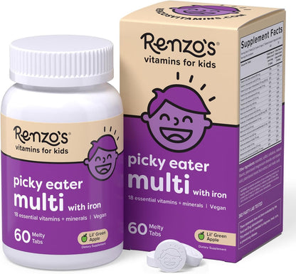 Renzo's Fussy Eater Kids Multivitamin with Iron - Dissolvable Melty Tabs, Cherry, 60 Tablets