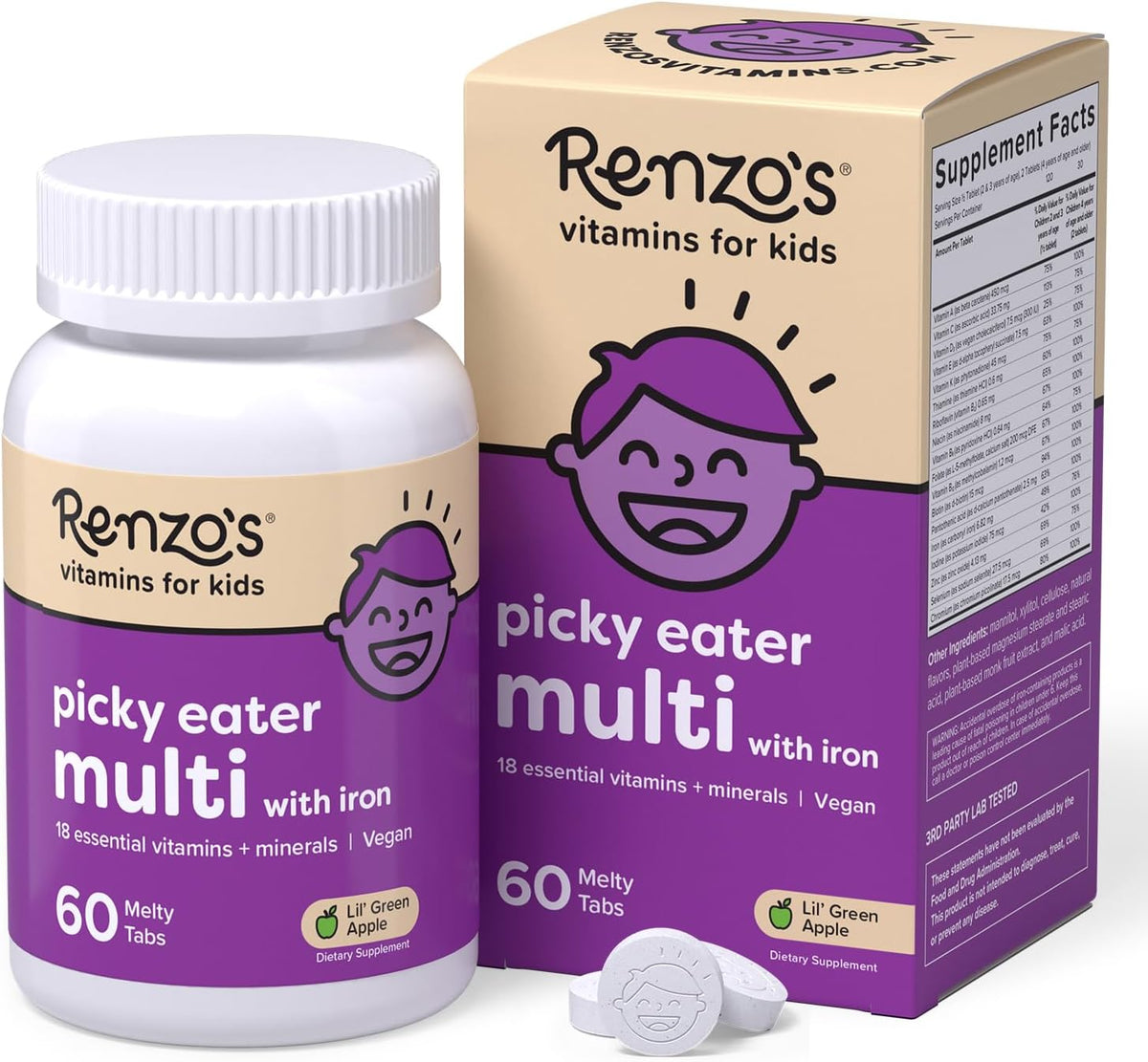 Renzo's Picky Eater Kids Multivitamin with Iron - Sugar-Free Dissolvable Melty Tabs, Green Apple, 60 Count - görsel 1
