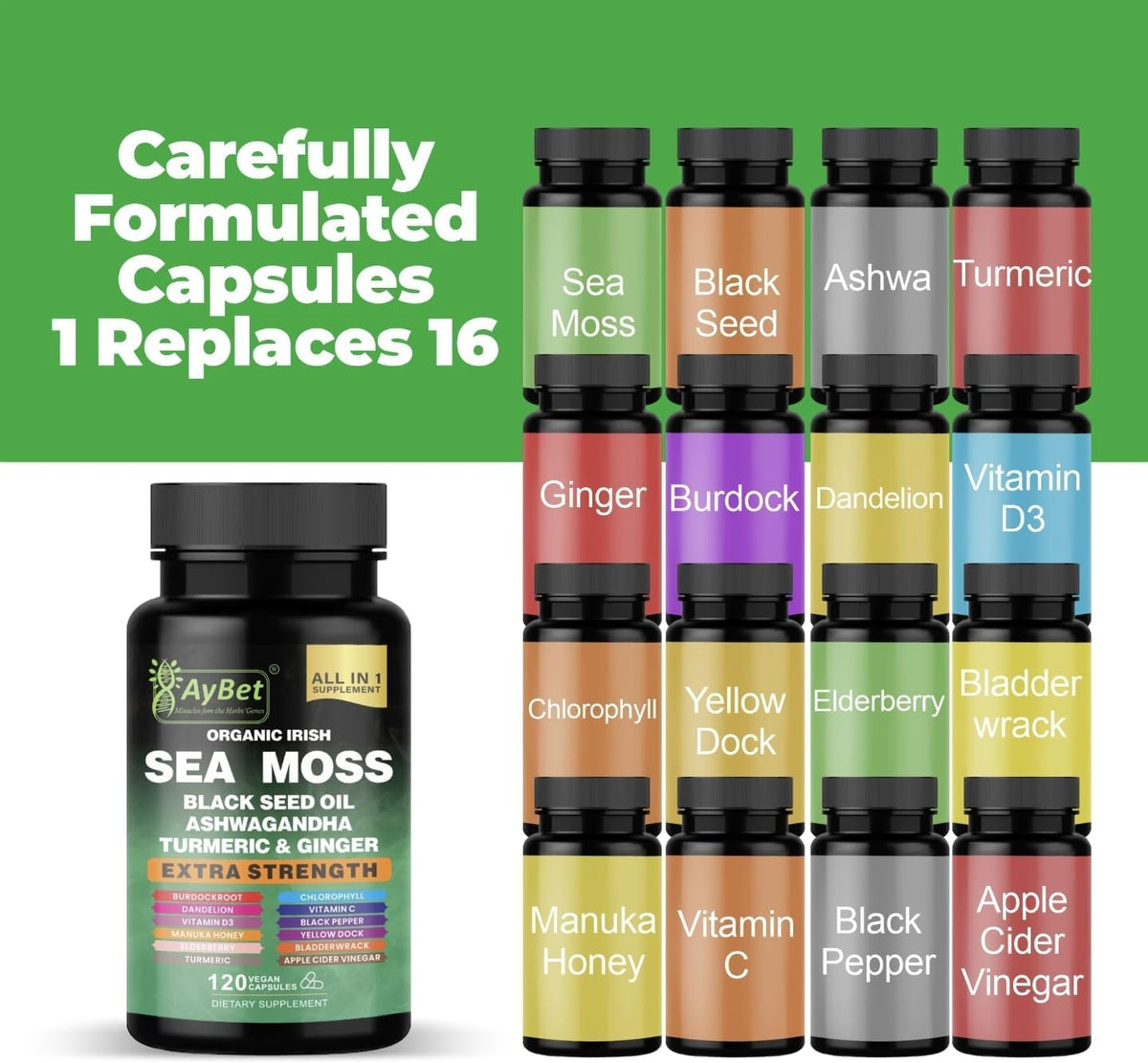 Organic Irish Sea Moss Capsules 120 Count – 16 in 1 Sea Moss Supplement with Black Seed Oil, Ashwagandha, Turmeric & Ginger, Bladderwrack & Burdock Root, Vitamin D3 – Organic, Vegan, Halal, Non-GMO - görsel 4