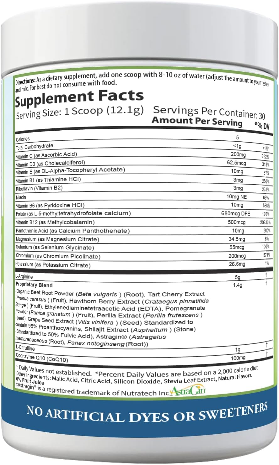 PURE® Cardio+ Nitric Oxide Circulation Support - 5000mg L-Arginine & 1000mg L-Citrulline - Mixed Berry Flavour, 30 Servings Powder, 363g - CoQ10 & Beetroot - High Potency Heart Formula - görsel 7