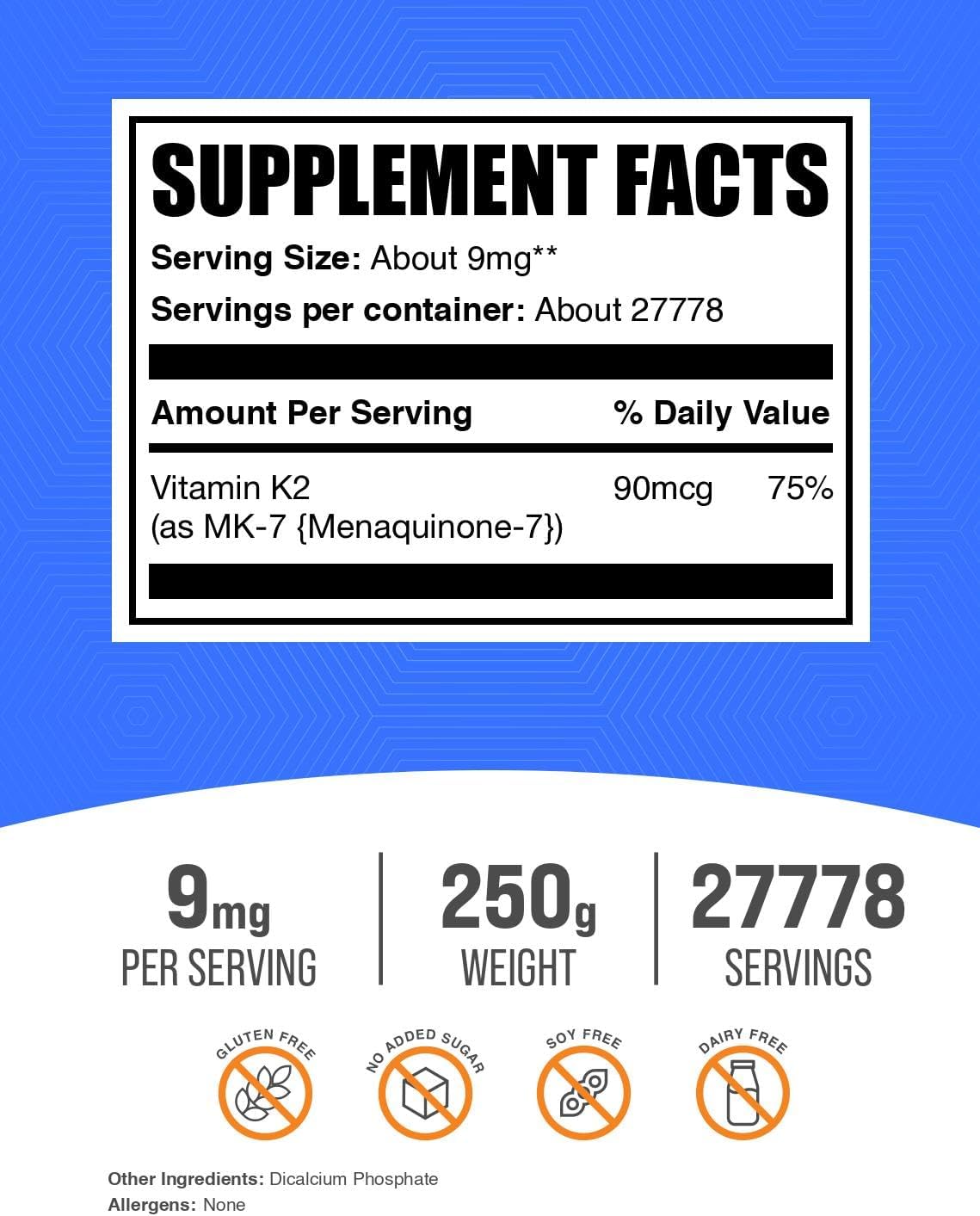 BulkSupplements.com Vitamin K2 Powder - MK-7 Menaquinone, 9mg per Serving, 250g - görsel 2