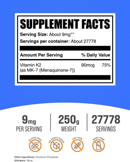 BulkSupplements.com Vitamin K2 Powder - MK-7 Menaquinone, 9mg per Serving, 250g