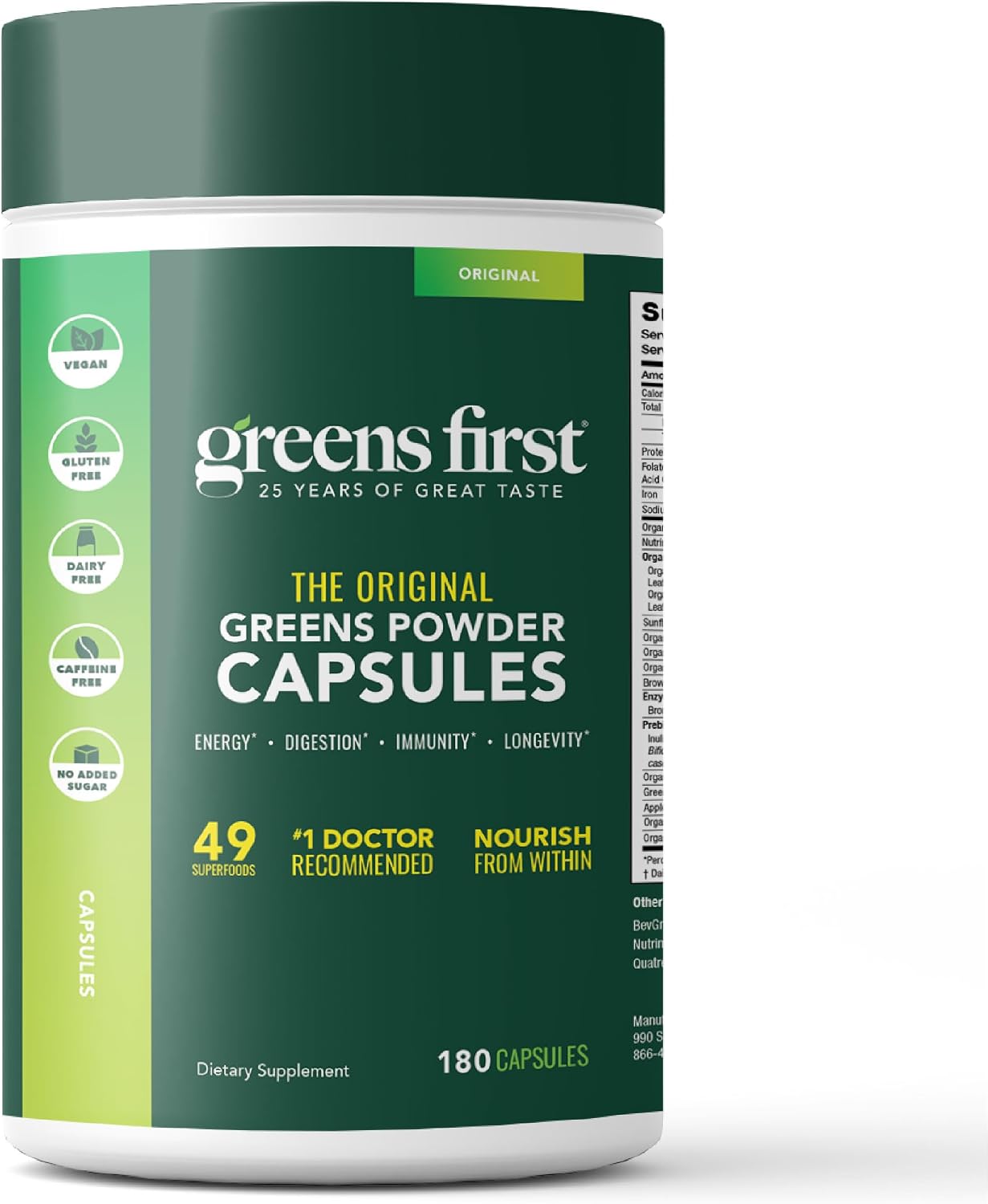 Greens First Phytonutrient Capsules – 49 Antioxidant-Rich Superfoods with Organic Fruits & Veggies, Prebiotics, Probiotics, and Digestive Enzymes (180 Capsules) - görsel 1