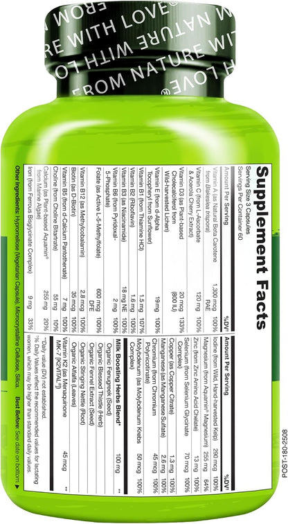 NATURELO Postnatal Multivitamin - Supplement for Breastfeeding Women - Plant-Based Vitamin D, Folate, Gentle Iron - 180 Capsules (Pack of 2)