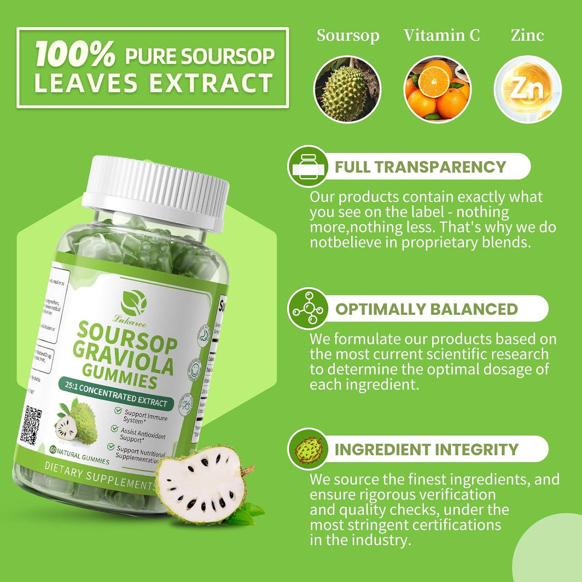 (2 Pack) Soursop Graviola Gummies - Concentrated Soursop Leaf Extract with Vitamin C, Zinc & Whole Natural Food for Immunity, Liver, Calming & Antioxidant, Sugar Free, Gluten-free, Vegan, 60 Gummies - görsel 4