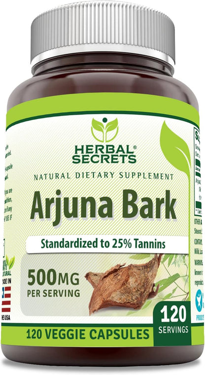 Herbal Secrets Arjuna Bark Extract Supplement, 500 mg, 120 Veggie Capsules