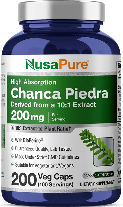 NusaPure Chanca Piedra 200 mg – 200 Veg Capsules (Non-GMO, Vegan)