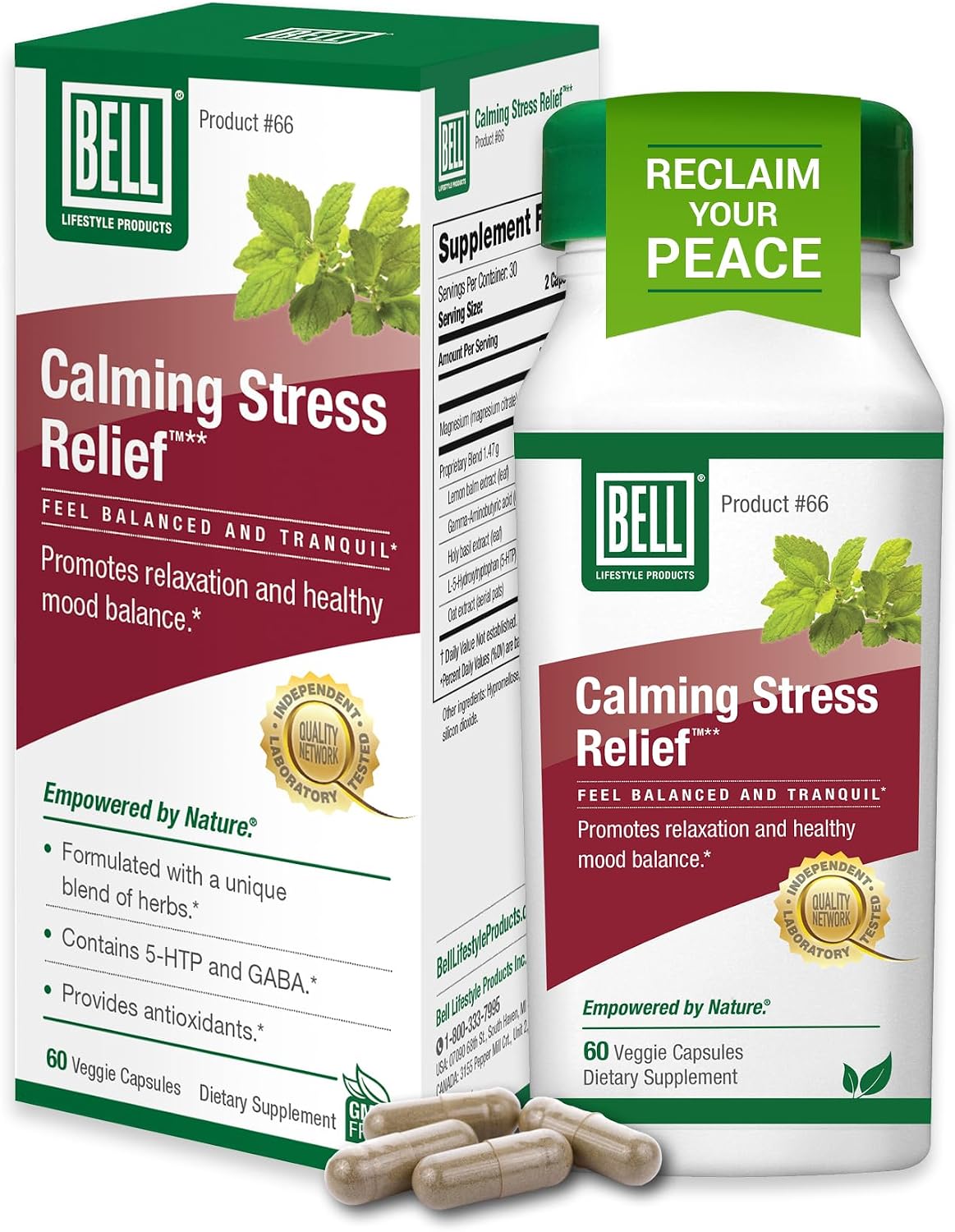 Bell Lifestyle Calming Stress Relief Herbal Blend with 5-HTP & GABA, 60 Vegan Capsules - görsel 1