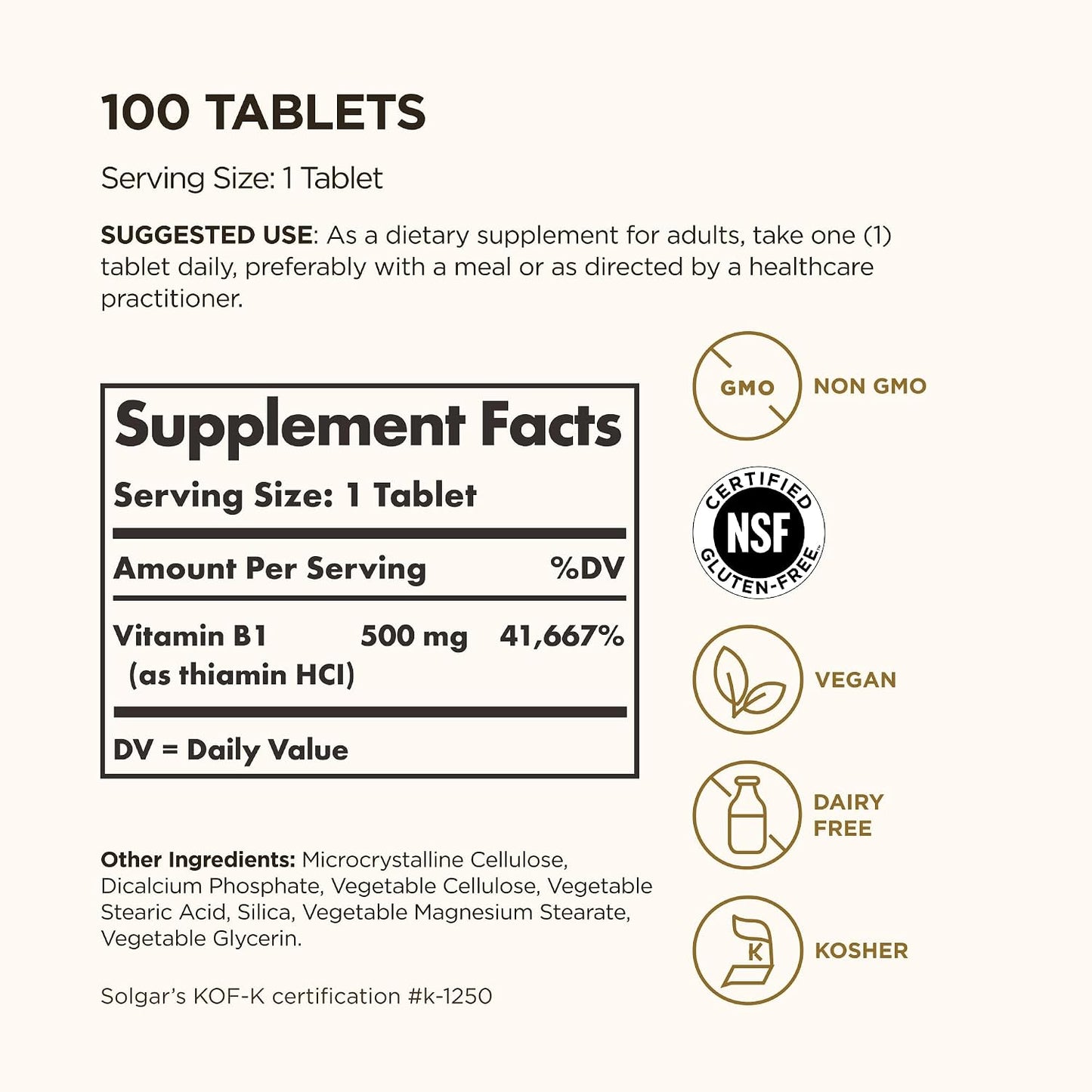 Solgar Vitamin B1 (Thiamine) 500 mg, 100 Tablets - görsel 2