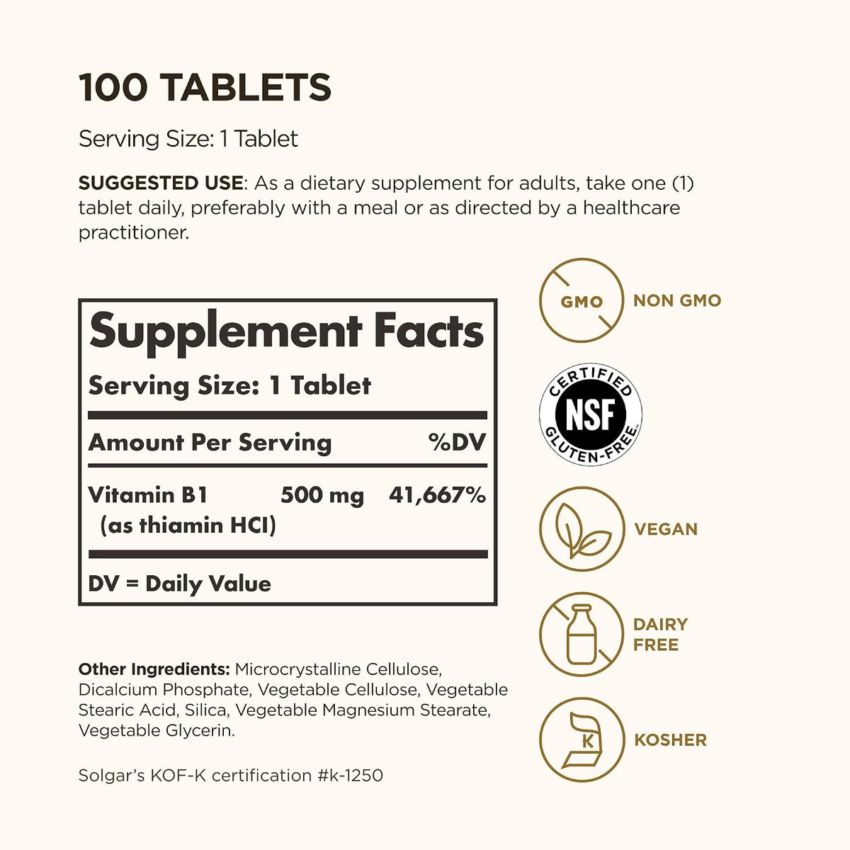 Solgar Vitamin B1 (Thiamine) 500 mg, 100 Tablets - görsel 2