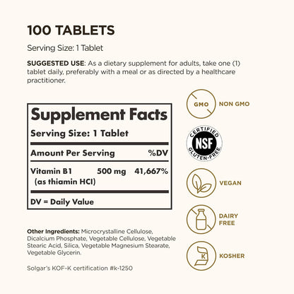 Solgar Vitamin B1 (Thiamine) 500 mg, 100 Tablets