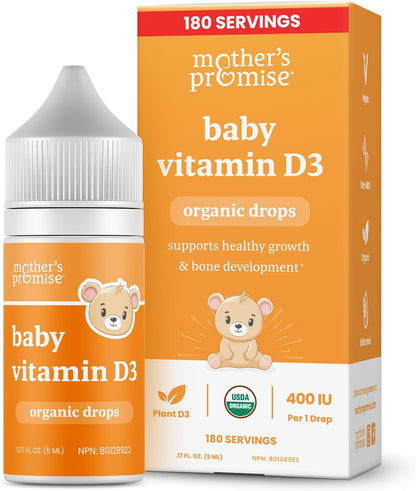 Mother's Promise Organic Baby Vitamin D Drops | 100% Plant Based | Healthy Growth & Bone Development | Age New-born+ | 180 Servings | Baby Vitamin D3 Liquid for Infants & Toddlers | 400 IU for Babies