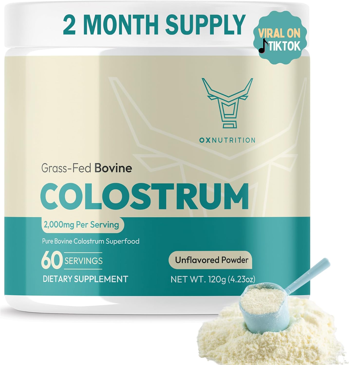 OXNUTRITION Colostrum Powder - Grass-Fed Bovine Colostrum for Gut Health, Immune Support & Muscle Recovery, Unflavoured, 60 Servings - görsel 1