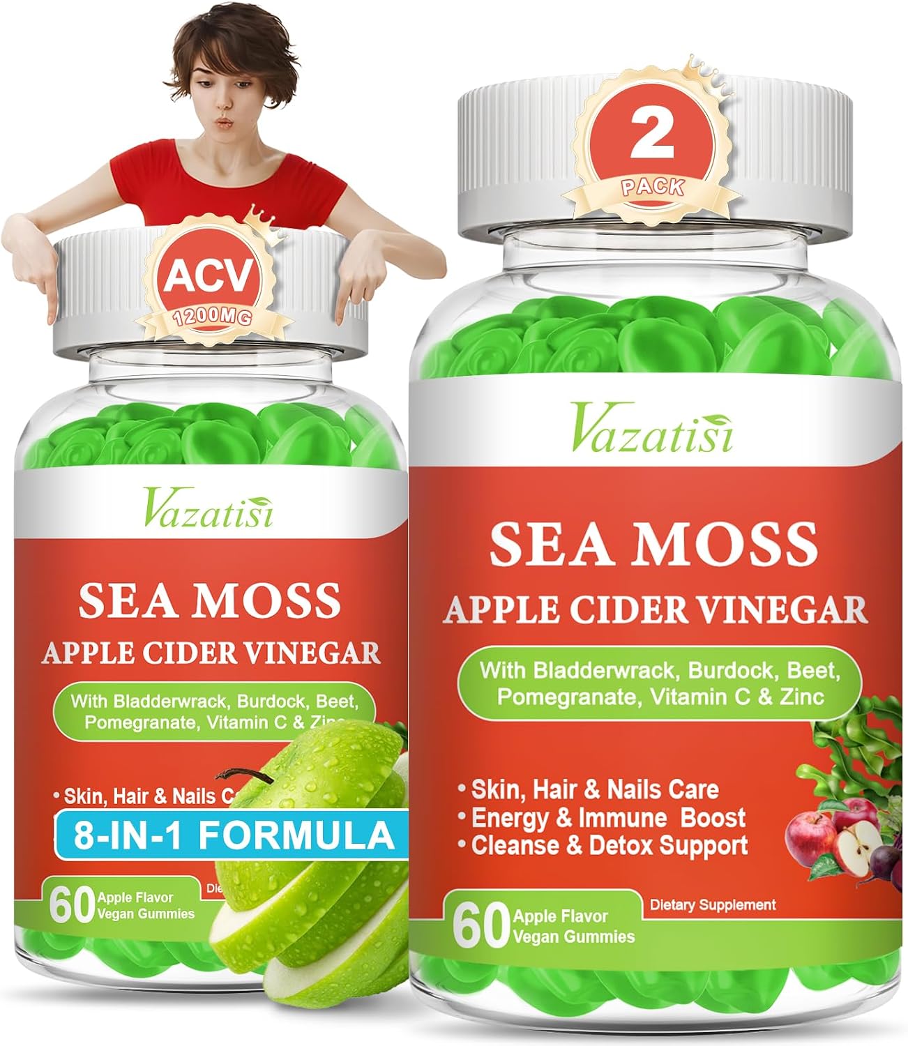 Vazatisi Apple Cider Vinegar Gummies with Sea Moss for Metabolism, Digestion & Immune Health - Apple Flavoured, 60 Count - görsel 8