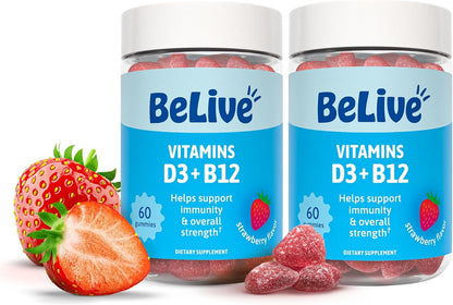 BeLive Vitamin D3 Gummies with B12 - Vegan, Strawberry Flavour (3-Pack)