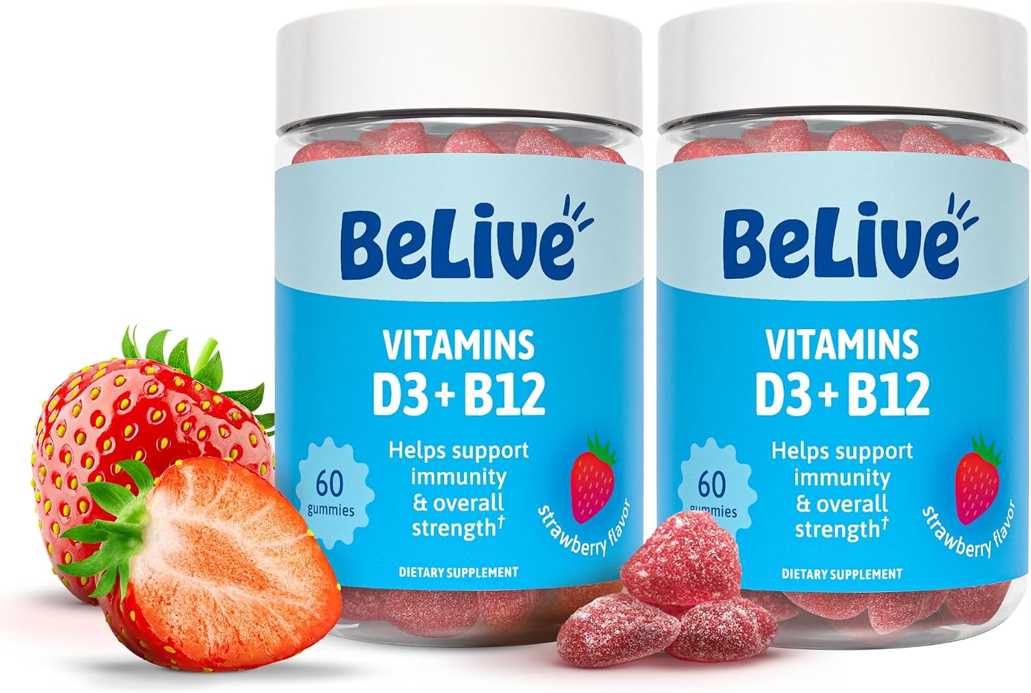 BeLive Vitamin D3 Gummies with B12 Vitamins – Strawberry Flavour, 2-Pack - görsel 1