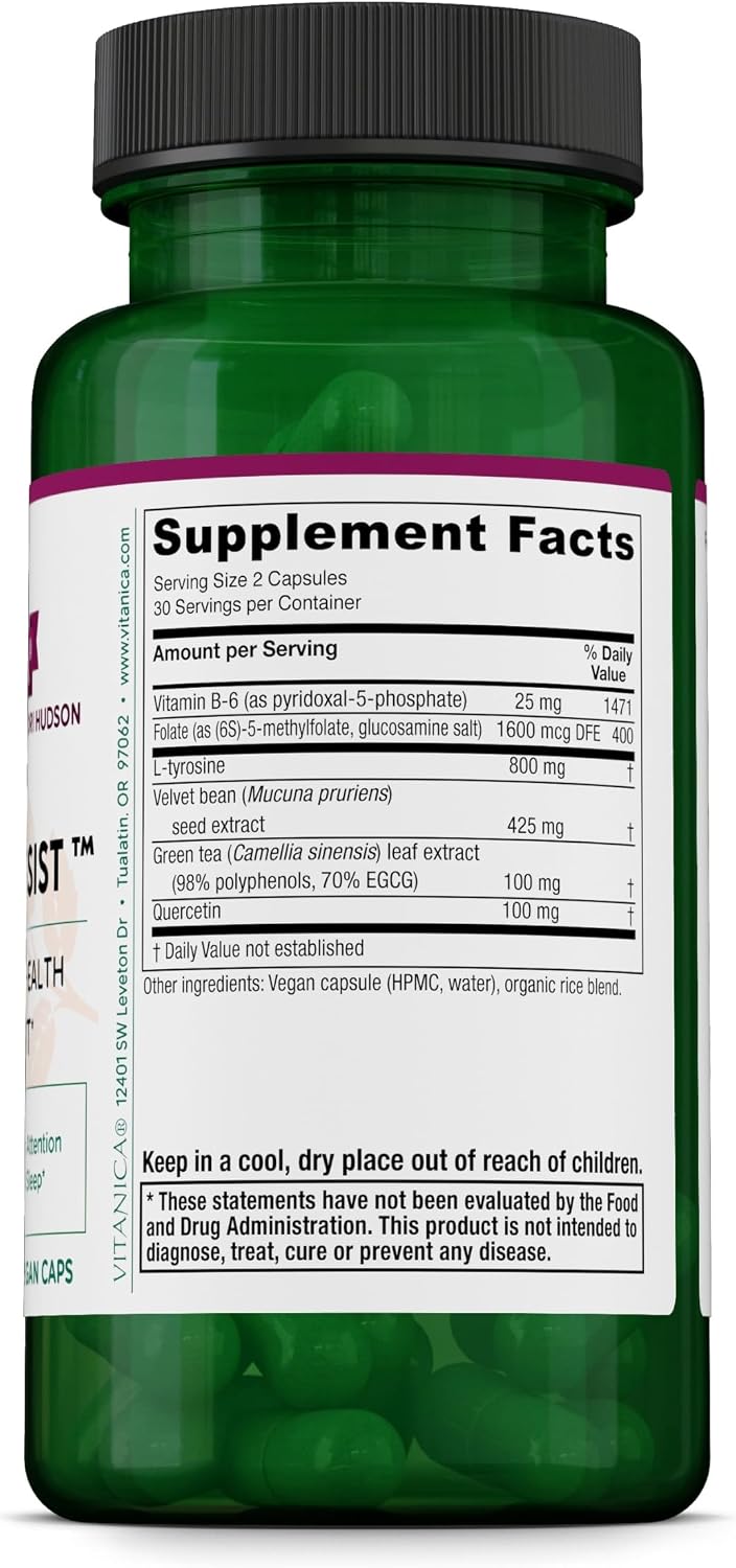 Vitanica Dopamine Assist - Dr. Formulated Dopamine Food Supplement with L-Tyrosine, Mucuna Pruriens, Vitamin B6, Folate, Green Tea Extract, Quercetin - Vegan, 60 Capsules - görsel 2