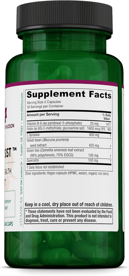 Vitanica Dopamine Assist - Dr. Formulated Dopamine Food Supplement with L-Tyrosine, Mucuna Pruriens, Vitamin B6, Folate, Green Tea Extract, Quercetin - Vegan, 60 Capsules