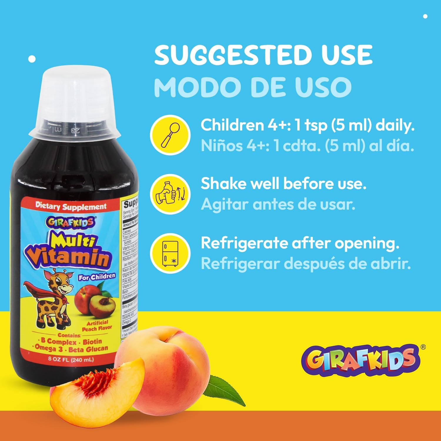 GirafKids Liquid Multivitamin for Children Aged 4+ - Daily Supplement with Omega-3, Beta Glucan & B Complex - 237 ml - görsel 5