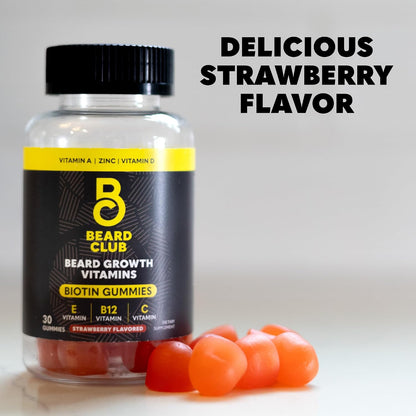 The Beard Club Biotin Beard Growth Vitamin Gummies – Hair Supplement for Men – Vitamins B12, E, & C to Support Thicker Fuller-Looking Facial Hair – Strawberry Flavour Gummy