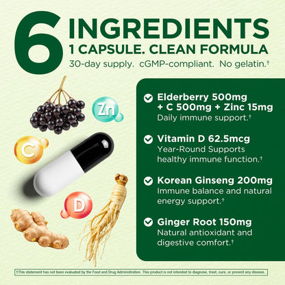 Immune Support 6-in-1 – Elderberry, Ginger, Korean Ginseng, Vitamin C 500mg, Vitamin D3 62.5μg, Zinc – Vegan Capsules – 30 Count