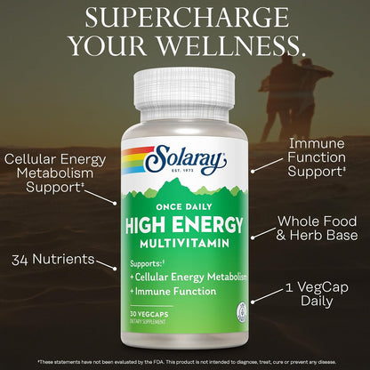 SOLARAY Once Daily High Energy Multivitamin – for Women and Men, 30 Vegan Capsules