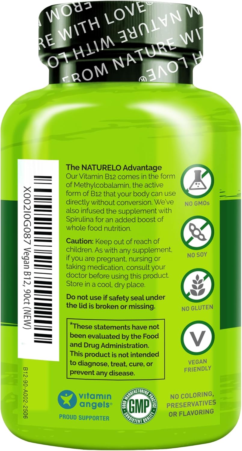 NATURELO Vegan B12 - Methyl B12 with Organic Spirulina - High Potency Vitamin B12 1000 mcg Methylcobalamin - 90 Capsules (Pack of 2) - görsel 8