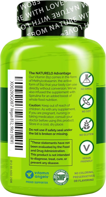 NATURELO Vegan B12 - Methyl B12 with Organic Spirulina - High Potency Vitamin B12 1000 mcg Methylcobalamin - Contributes to Normal Energy Release, Nervous System & Psychological Function - 90 Capsules (Pack of 2)