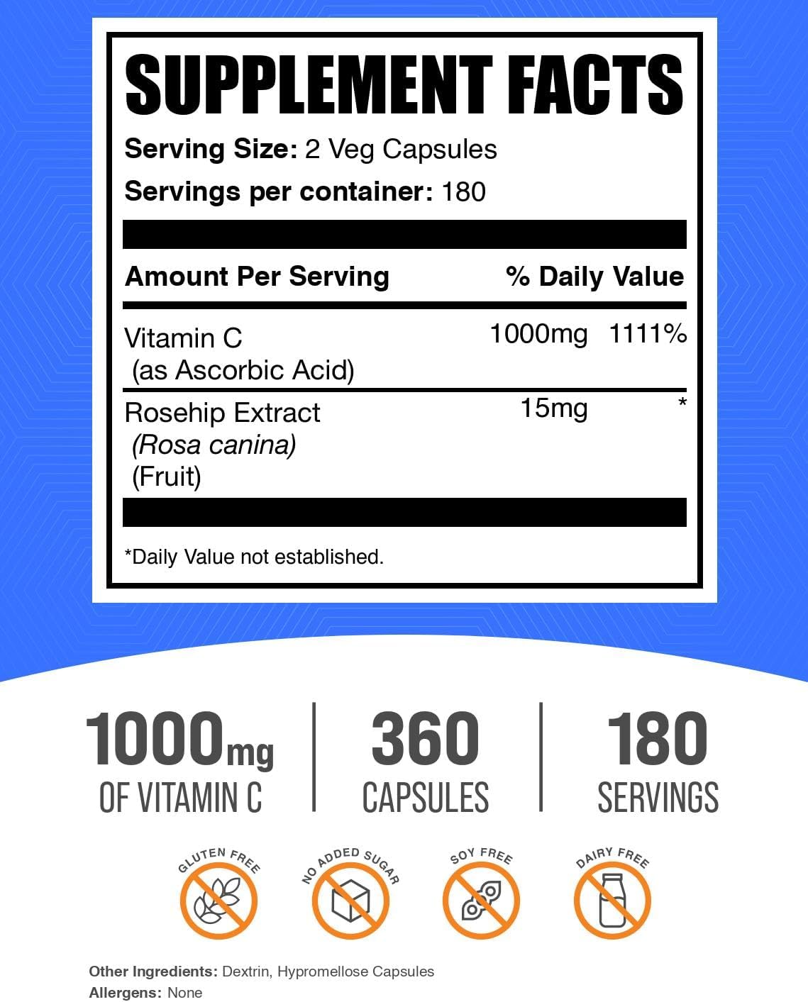 BulkSupplements.com Vitamin C with Rose Hips Capsules - 1000mg, 360 Count - görsel 2