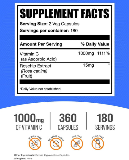 BulkSupplements.com Vitamin C with Rose Hips Capsules - 1000mg, 360 Count