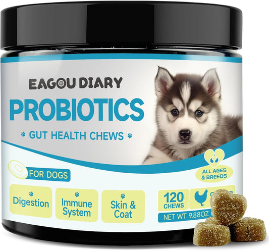 Eagou Diary Probiotics for Dogs - Digestive Health & Gut Support Chews with Prebiotics, Goat's Milk, Omega-3 - 120 Count