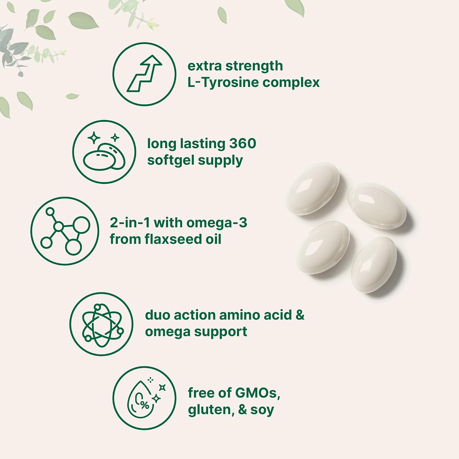L-Tyrosine 500mg with Omega-3 from Flaxseed Oil, 360 Soft gel capsules – Brain, Mood & Heart Support - görsel 3