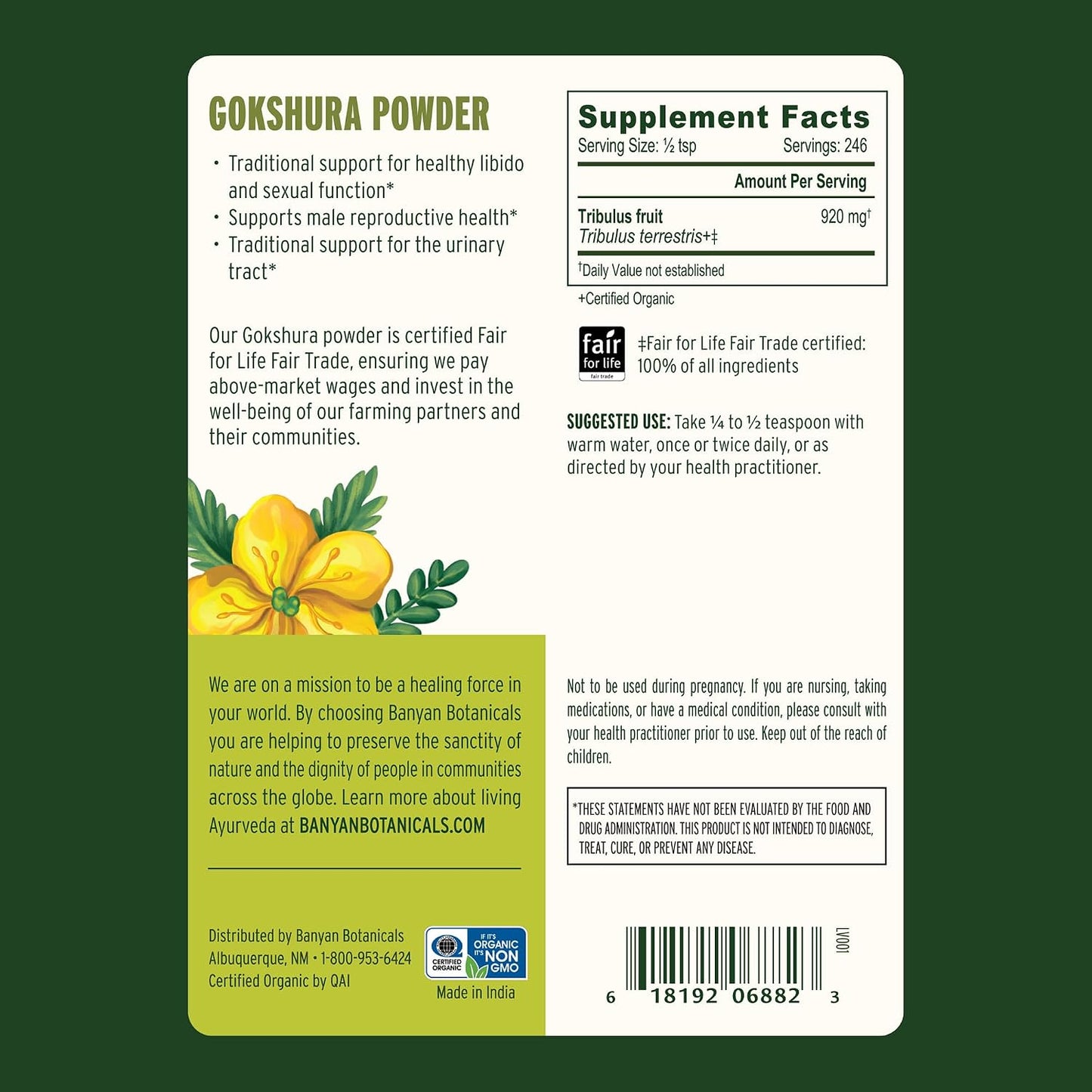 Banyan Botanicals Gokshura Powder – Organic Gokshura Fruit (Tribulus Terrestris) Powder – Men's Vitality Supplement – Supports Urinary Health – 227 g – Non-GM Sustainably Sourced Vegan - görsel 5