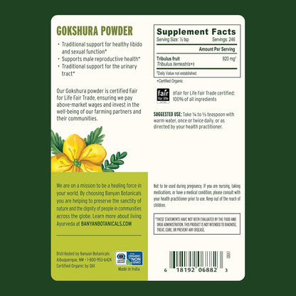 Banyan Botanicals Gokshura Powder – Organic Gokshura Fruit (Tribulus Terrestris) Powder – Men's Vitality Supplement – Supports Urinary Health – 227 g – Non-GM Sustainably Sourced Vegan