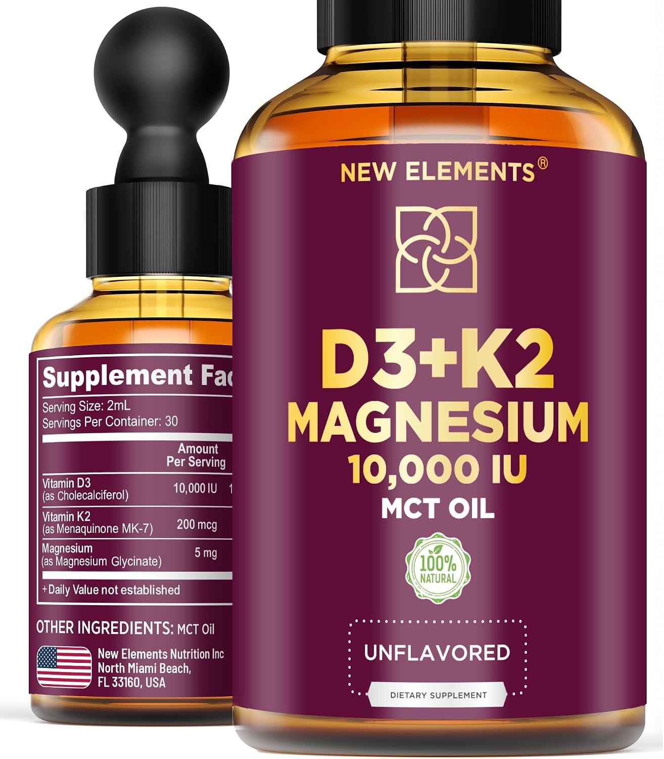 Liquid Vitamin D3 with K2 & Magnesium Glycinate - Vitamin D Drops 10,000 IU + Vitamin K2 200 mcg MK-7 - High Absorption, MCT Oil - Gluten-free & Non-GMO - görsel 1