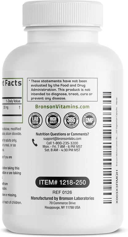 Bronson Melissa Lemon Balm Extra Strength, Non-GMO, 250 Vegetarian Capsules