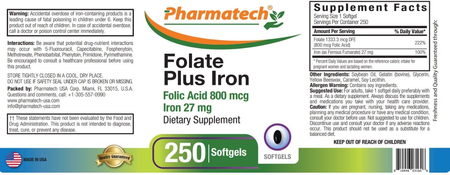 PHARMATECH Folic Acid 800 mcg Plus Iron 27 mg Supplement for Women, 250 Softgels - görsel 3
