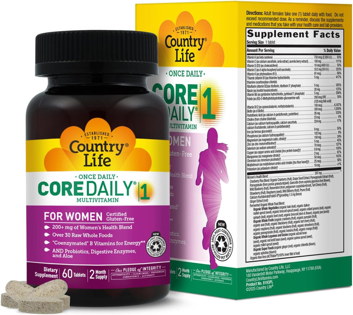 Country Life Women's Core 1 Daily Multivitamin with Iron, Cranberry, Probiotics, and Digestive Enzymes, 60 Tablets - görsel 1