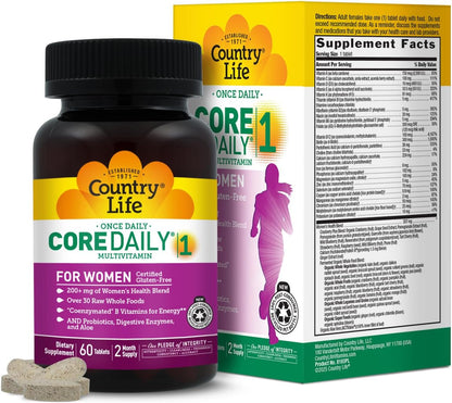 Country Life Women's Core 1 Daily Multivitamin with Iron, Cranberry, Probiotics, and Digestive Enzymes, 60 Tablets